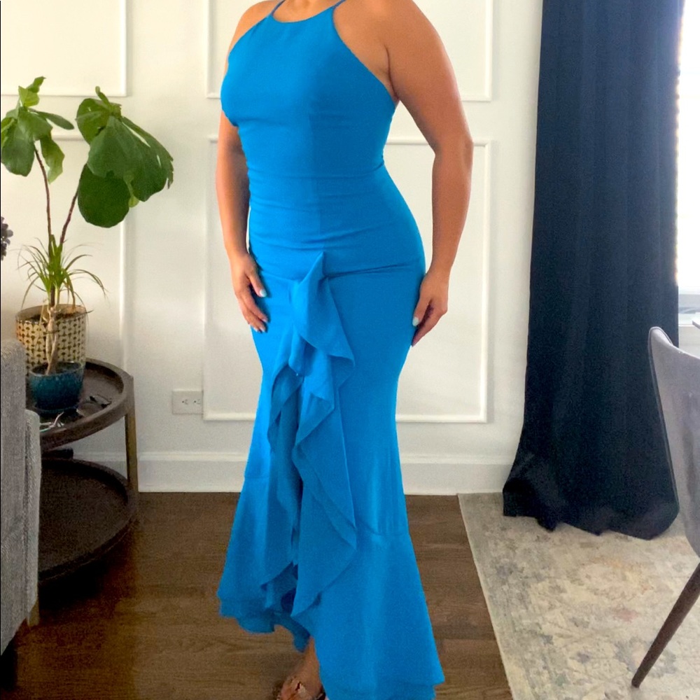 Blue high low ruffled slit gown
